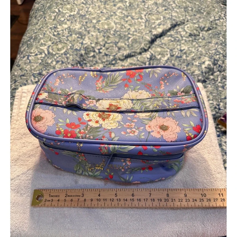 Yumi Kim Floral Makeup Bag Blue Double Tiered Travel Cosmetic Vanity Case
